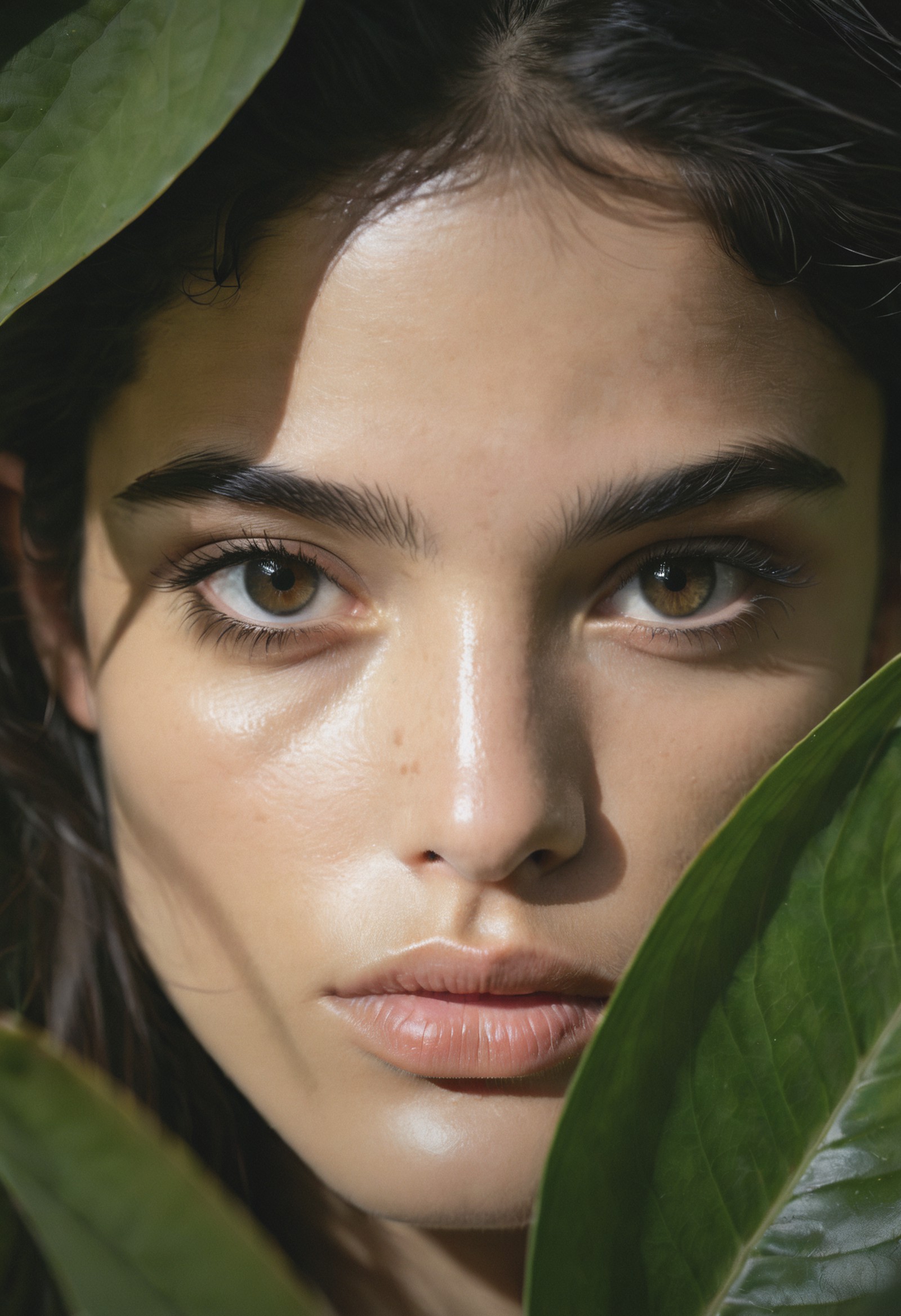RAW photo of (Sofia Boutella:1.4), beautiful brown eyes, macro shot, masterpiece, peeking out from behind the leaves, colo...